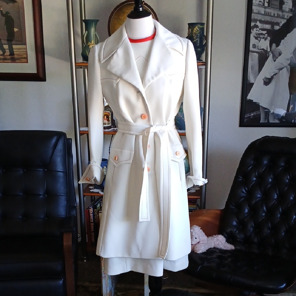 Lilli Ann Vintage 1970s Cream and Orange dress and coat set Size S